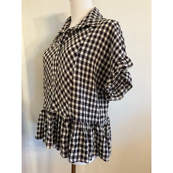 UMGEE Blouse | Black White Gingham Ruffle Sleeve Peasant Cottagecore | MEDIUM - Picture 2 of 6